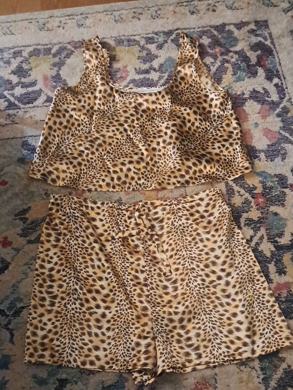 Y2k Victoria's Secret Leopard Print Two-Piece Satin Tank & Shorts Set, M
